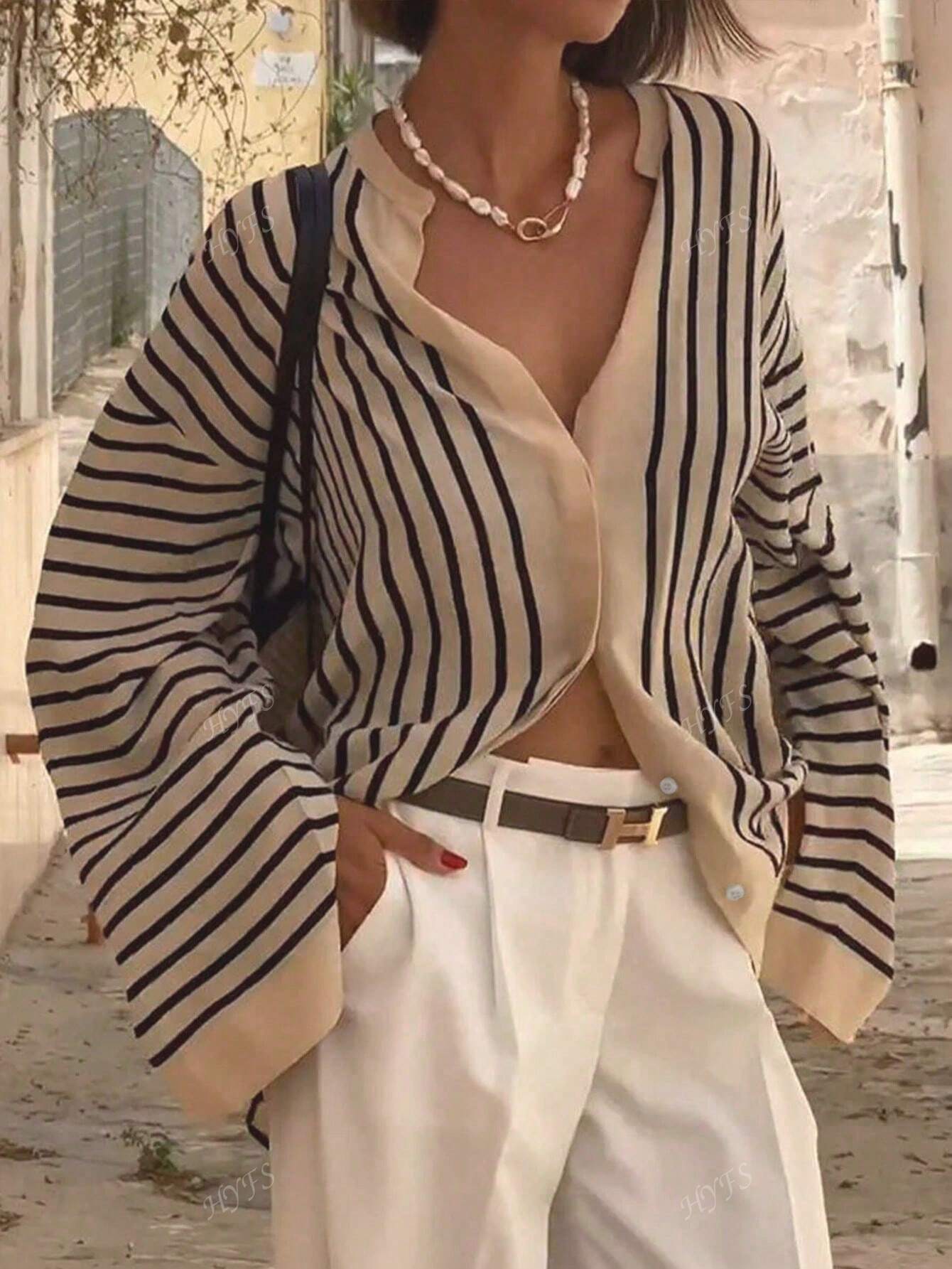 Blouse Rayée Élégante à Manches Longues pour Femme, Style Décontracté
