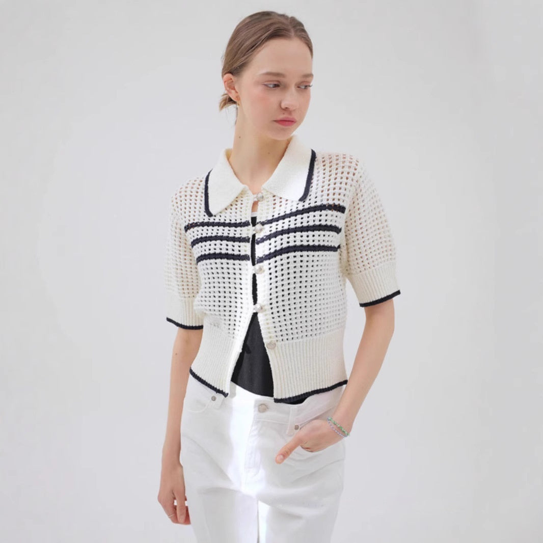 Cardigan Rayé à Manches Courtes et Col Chemise