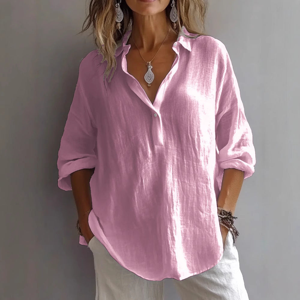 Chemise Longue en Lin à Col V et Manches 3/4
