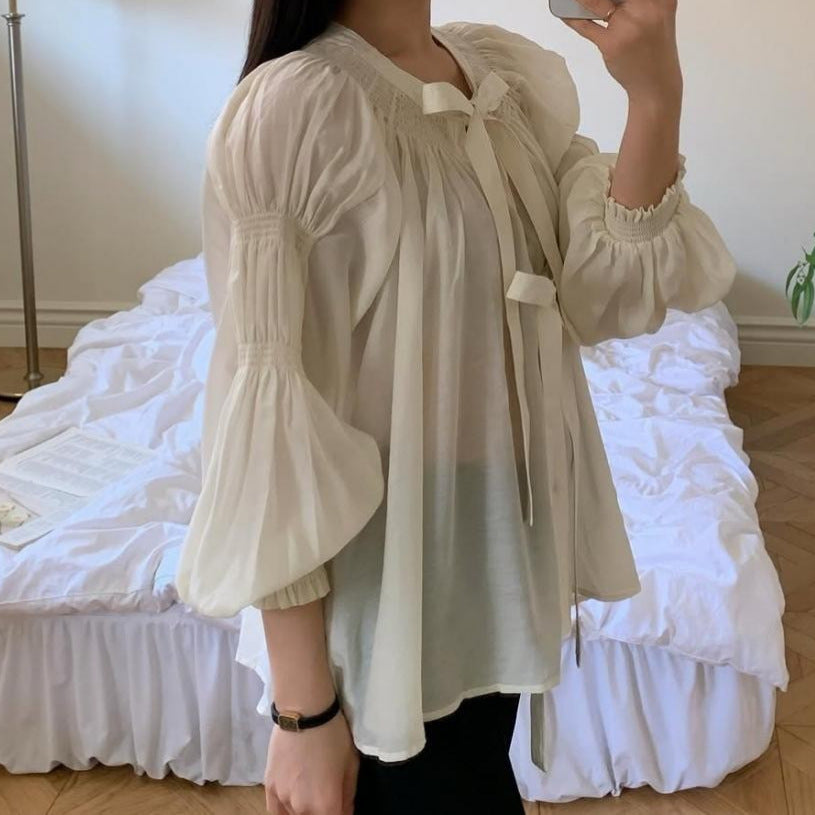 Chemise Vintage à Lacets et Manches Longues