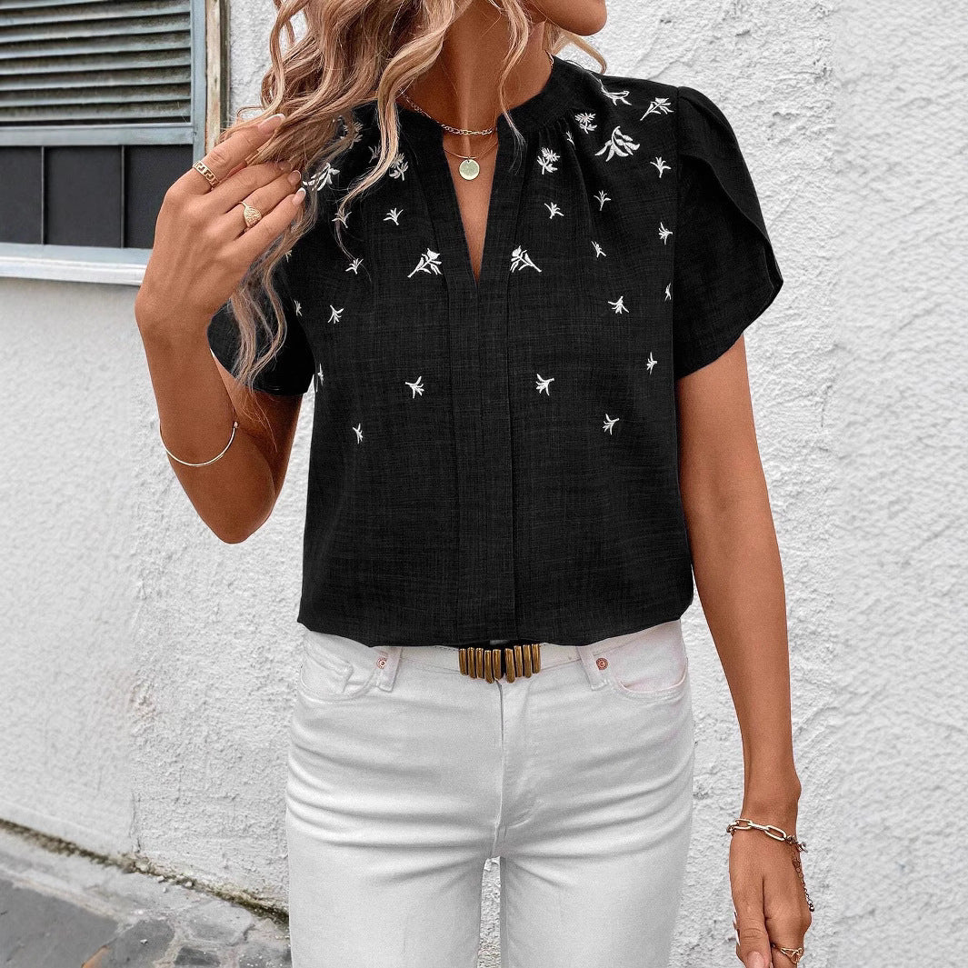 Blouse Imprimée à Manches Courtes et Col Semi-Ouvert