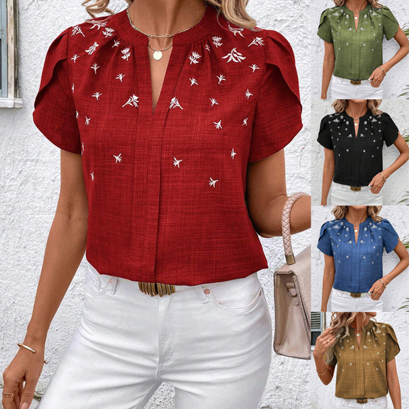Blouse Imprimée à Manches Courtes et Col Semi-Ouvert