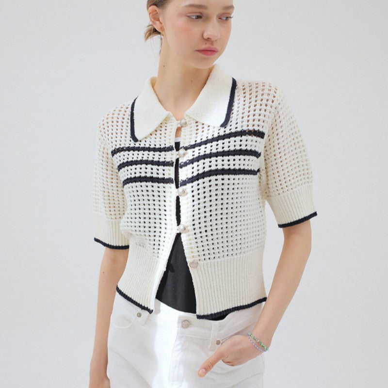 Cardigan Rayé à Manches Courtes et Col Chemise