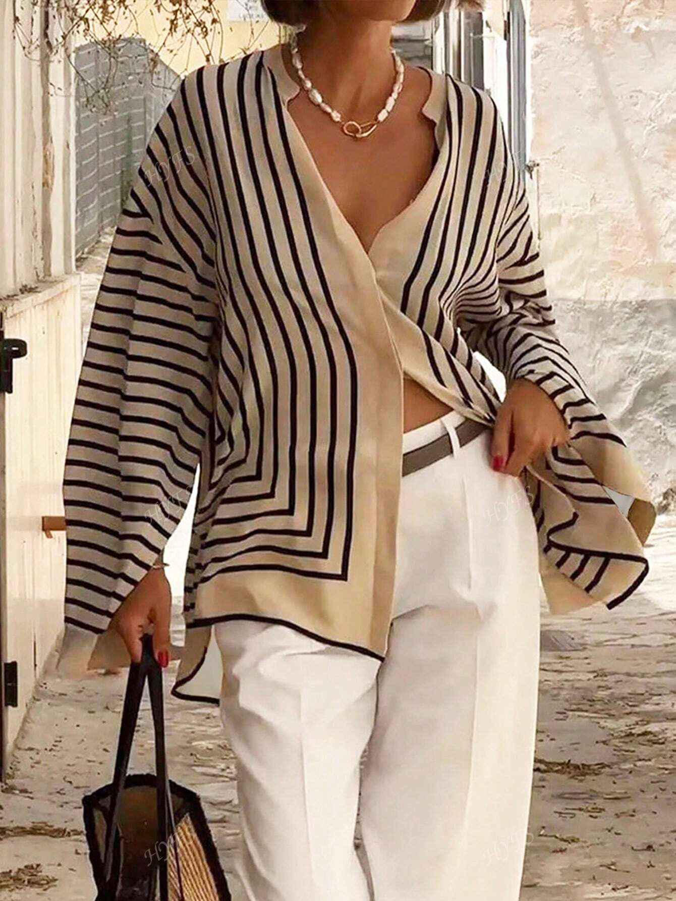 Blouse Rayée Élégante à Manches Longues pour Femme, Style Décontracté