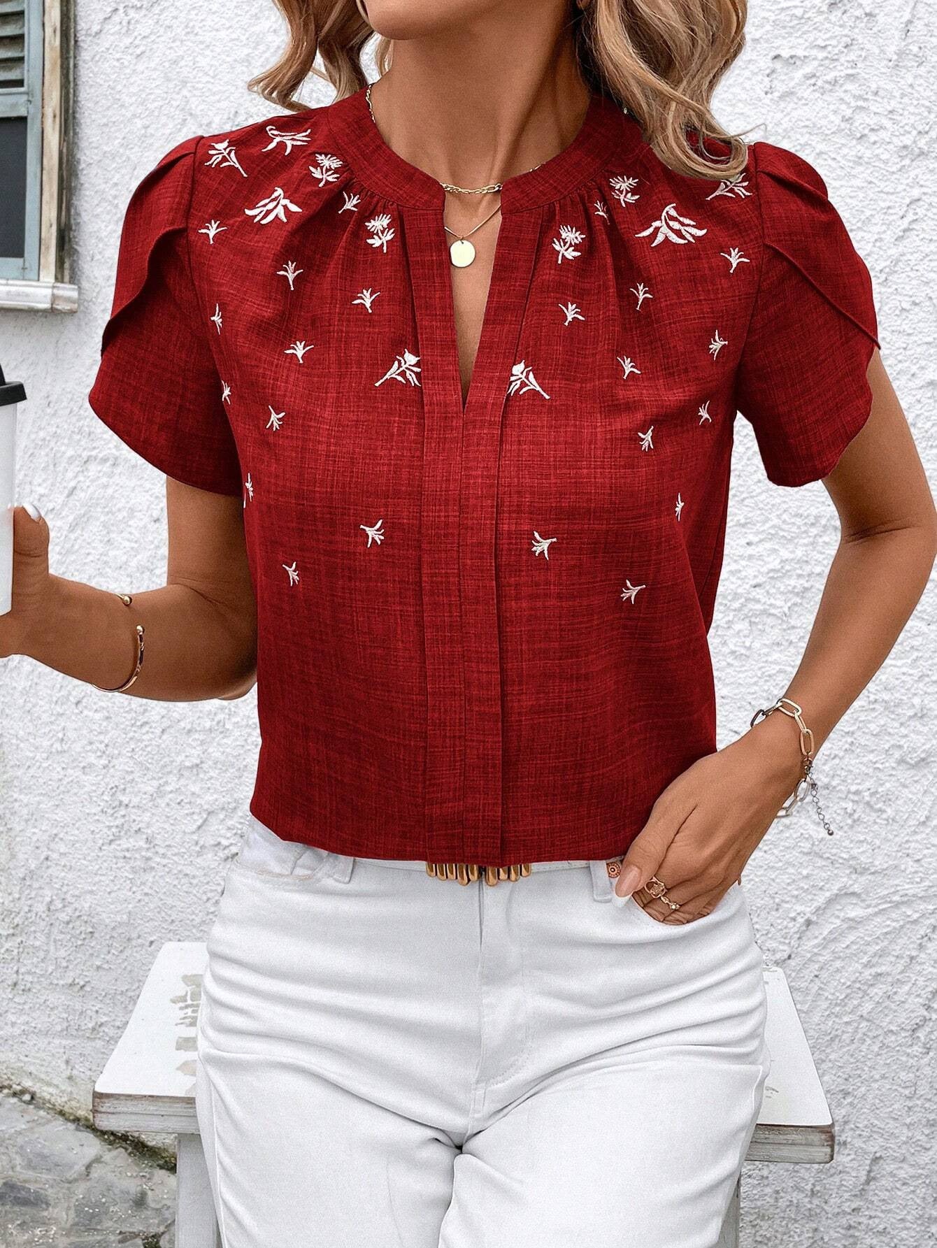 Blouse Imprimée à Manches Courtes et Col Semi-Ouvert