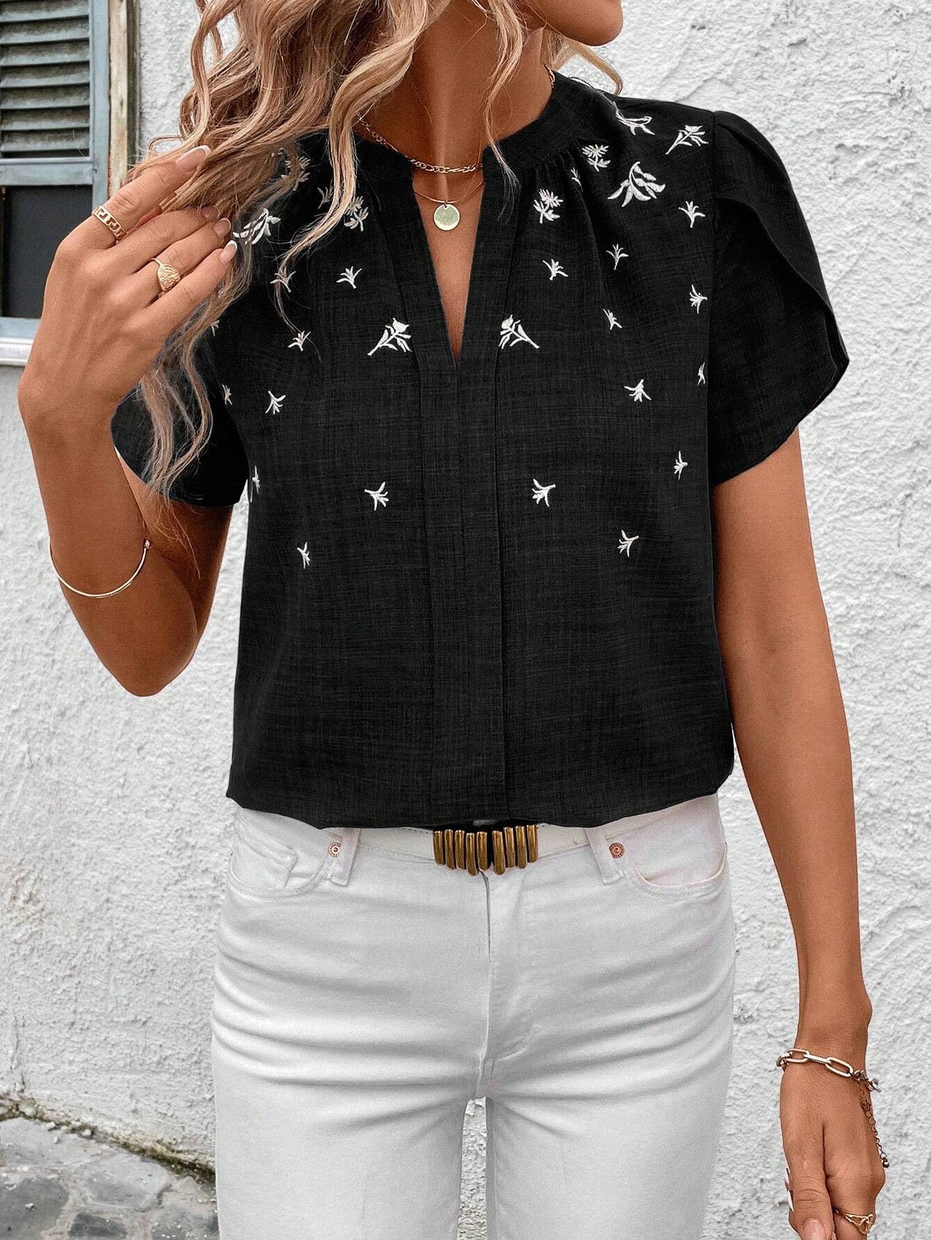 Blouse Imprimée à Manches Courtes et Col Semi-Ouvert