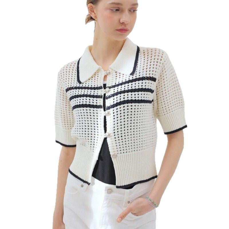 Cardigan Rayé à Manches Courtes et Col Chemise