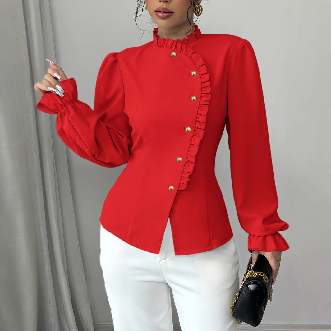 Blouse Élégante à Volants et Col Asymétrique