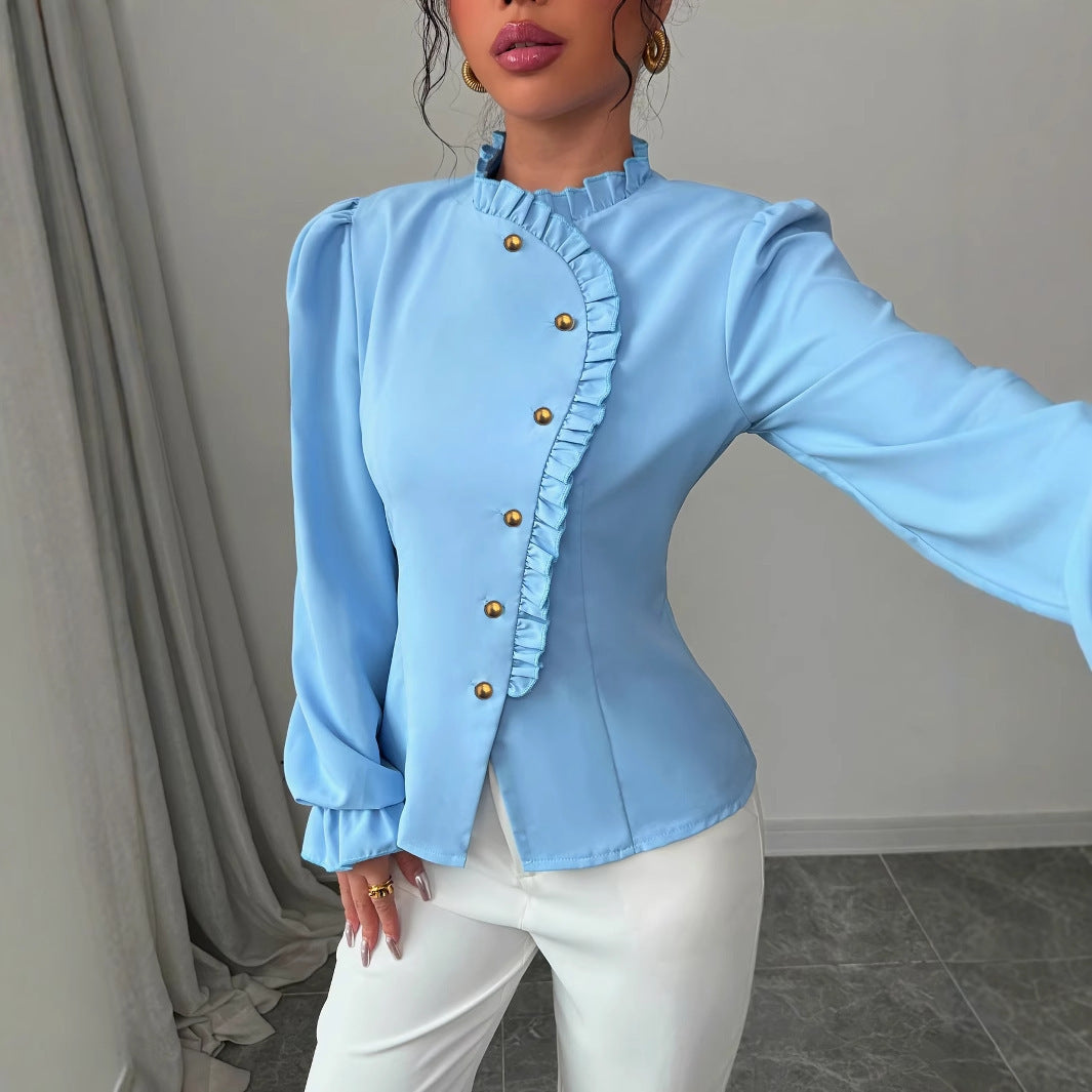 Blouse Élégante à Volants et Col Asymétrique