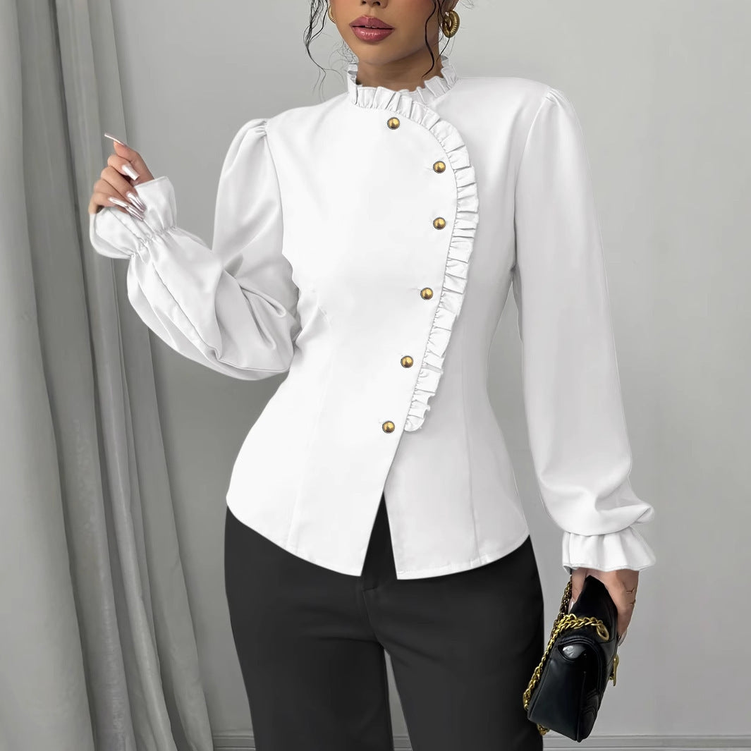 Blouse Élégante à Volants et Col Asymétrique