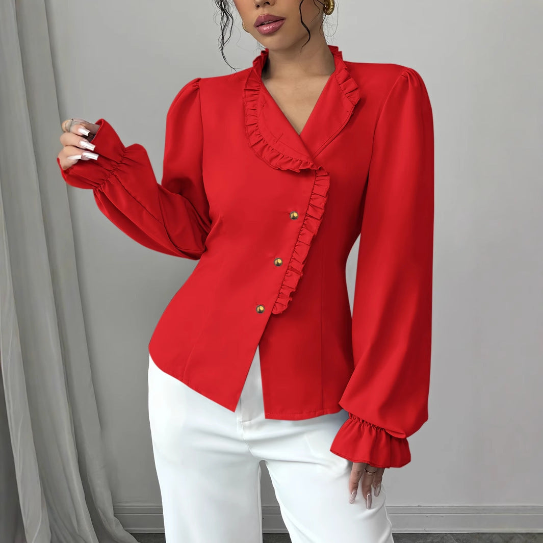 Blouse Élégante à Volants et Col Asymétrique
