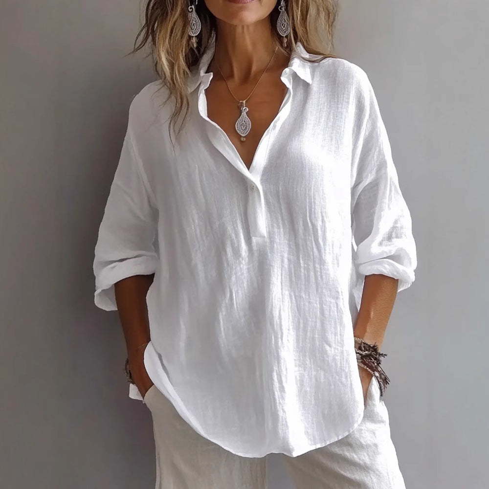 Chemise Longue en Lin à Col V et Manches 3/4
