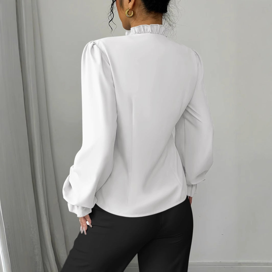 Blouse Élégante à Volants et Col Asymétrique