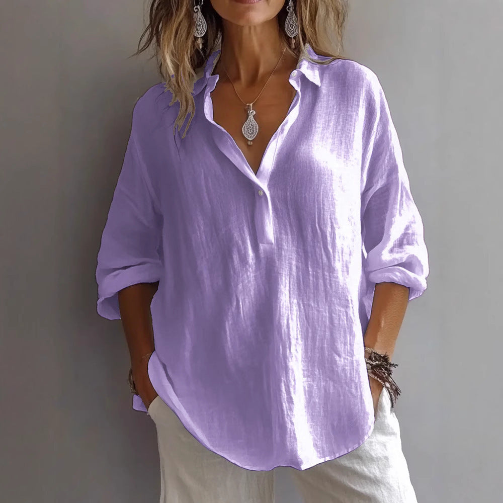 Chemise Longue en Lin à Col V et Manches 3/4