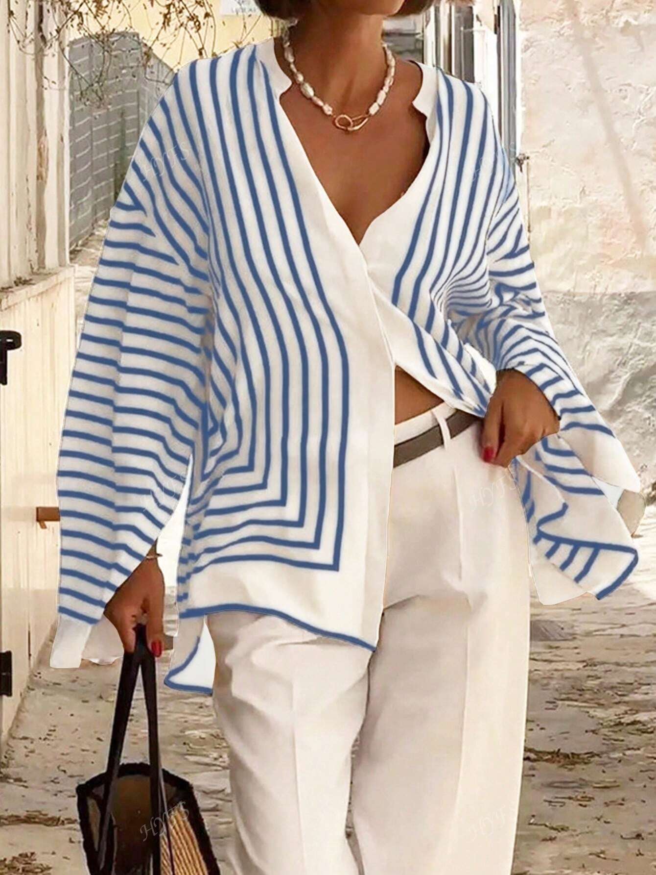 Blouse Rayée Élégante à Manches Longues pour Femme, Style Décontracté