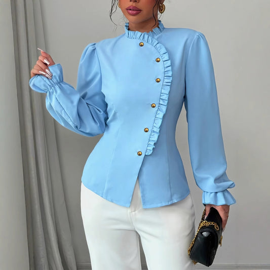 Blouse Élégante à Volants et Col Asymétrique