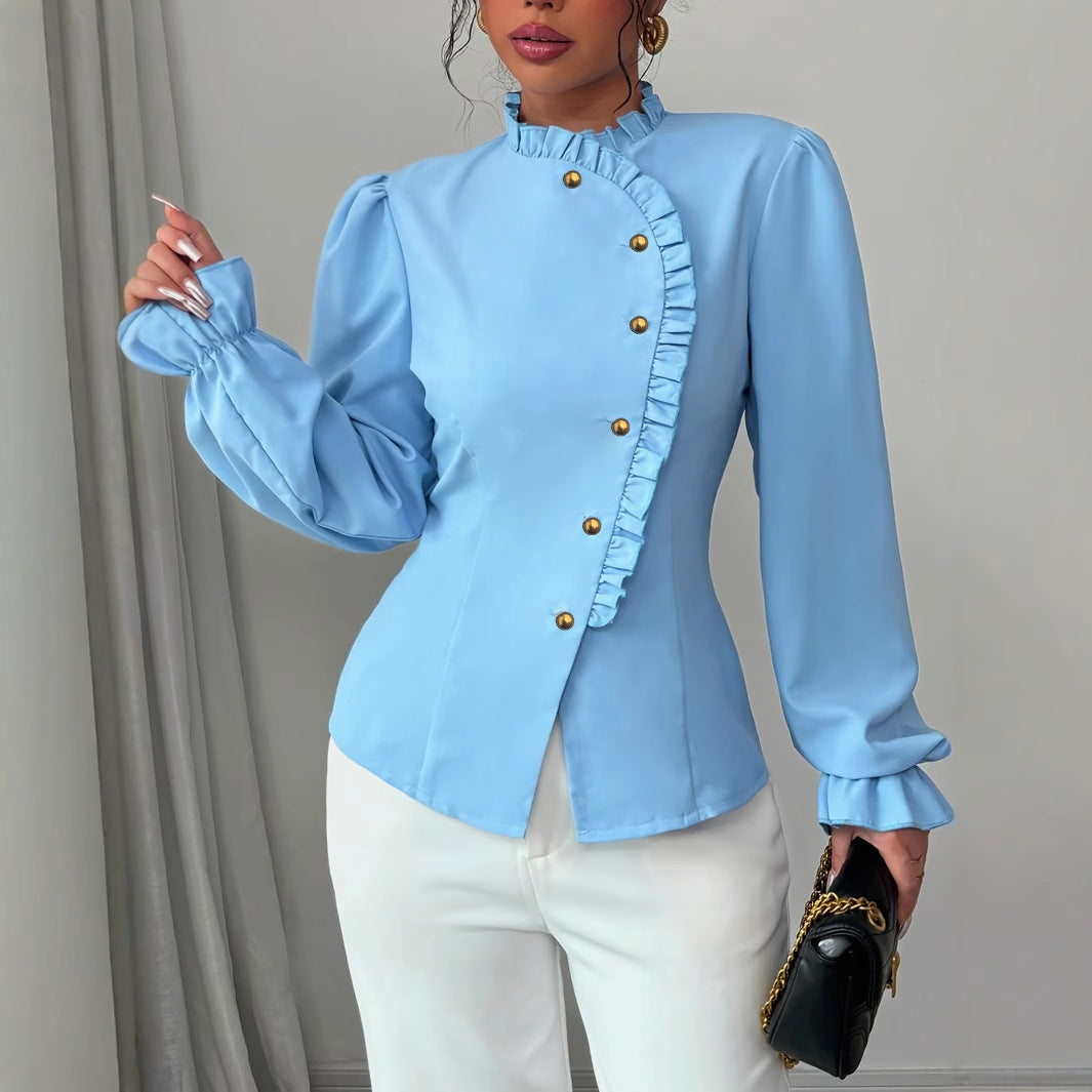 Blouse Élégante à Volants et Col Asymétrique
