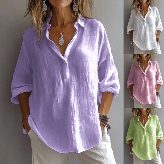 Chemise Longue en Lin à Col V et Manches 3/4