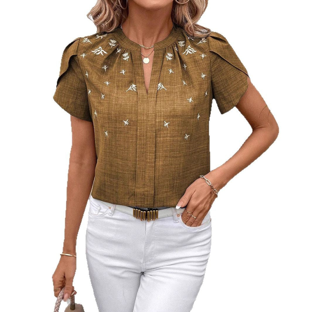Blouse Imprimée à Manches Courtes et Col Semi-Ouvert