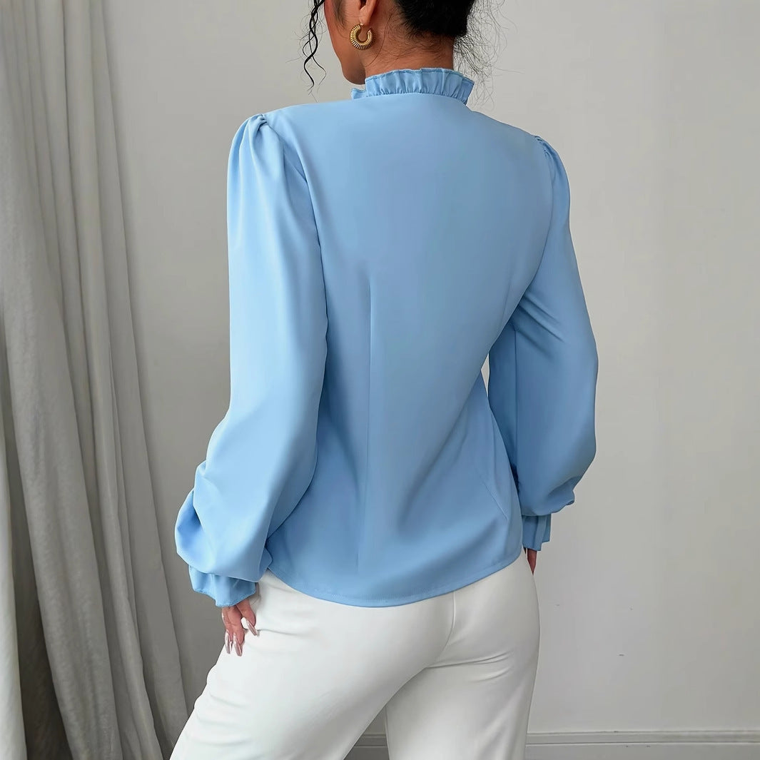 Blouse Élégante à Volants et Col Asymétrique