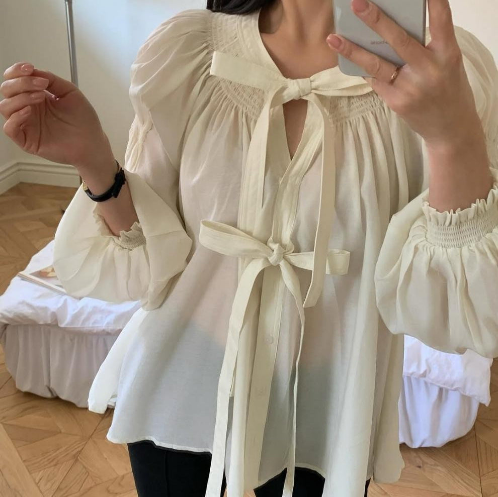 Chemise Vintage à Lacets et Manches Longues