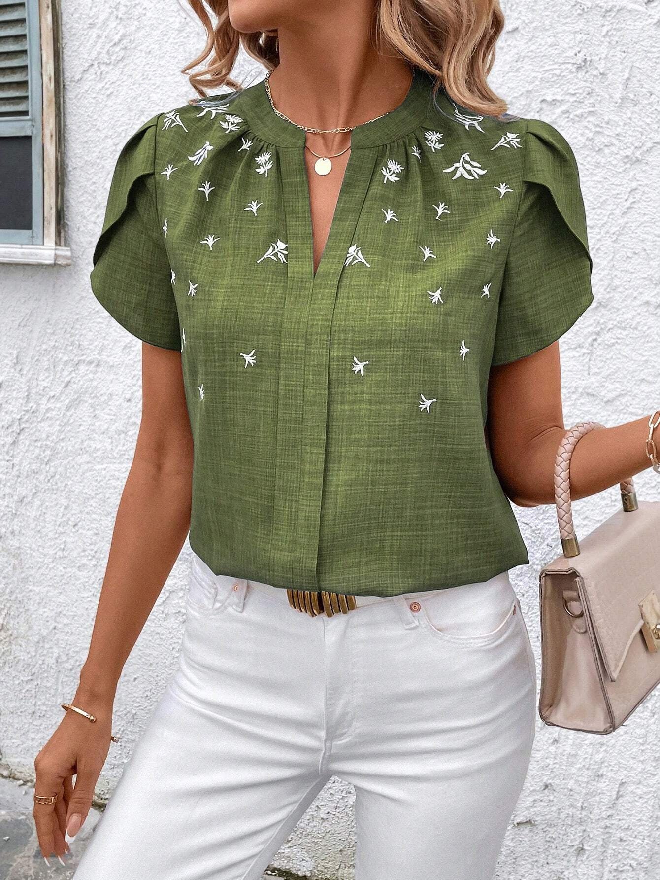 Blouse Imprimée à Manches Courtes et Col Semi-Ouvert