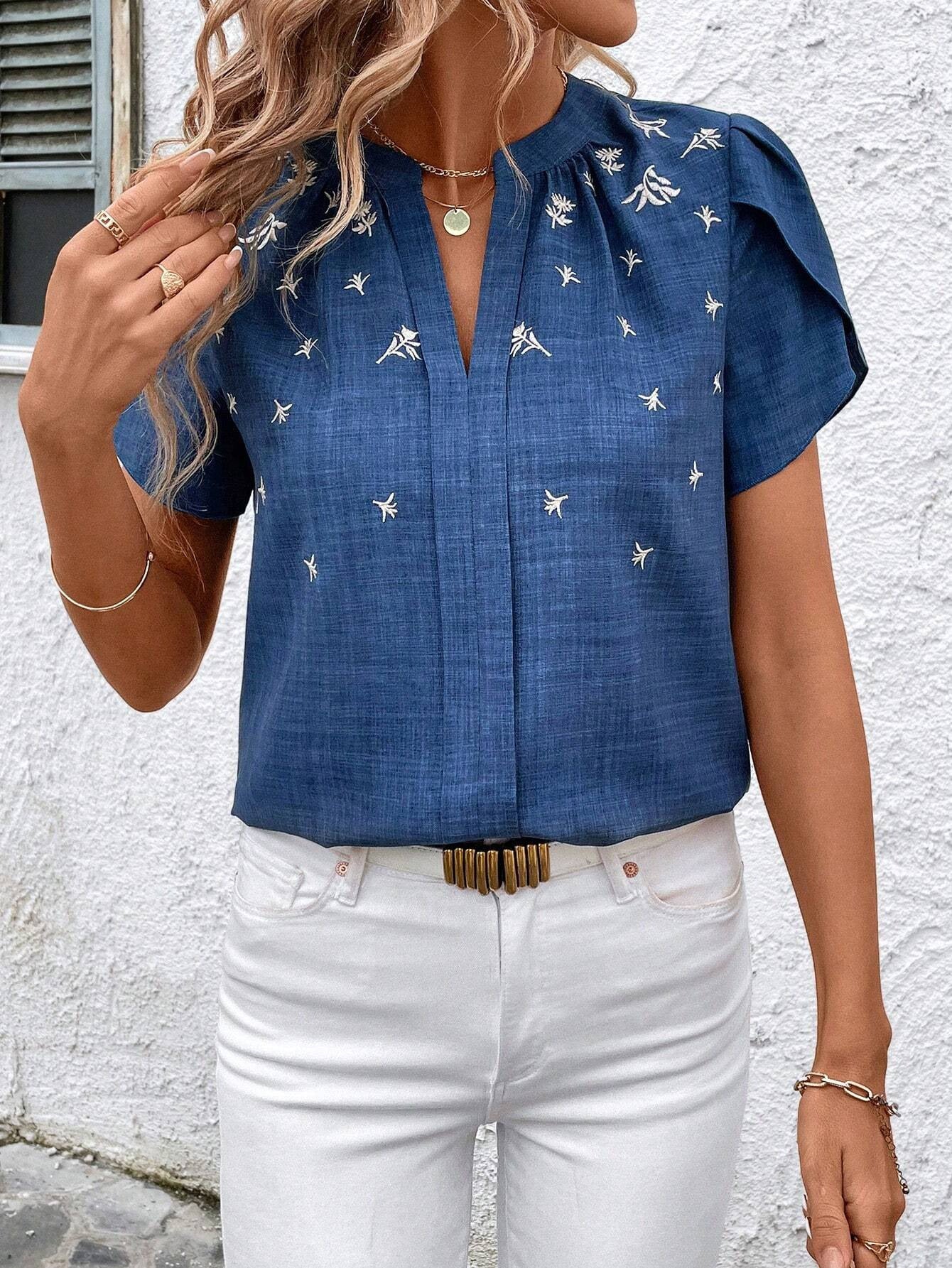 Blouse Imprimée à Manches Courtes et Col Semi-Ouvert