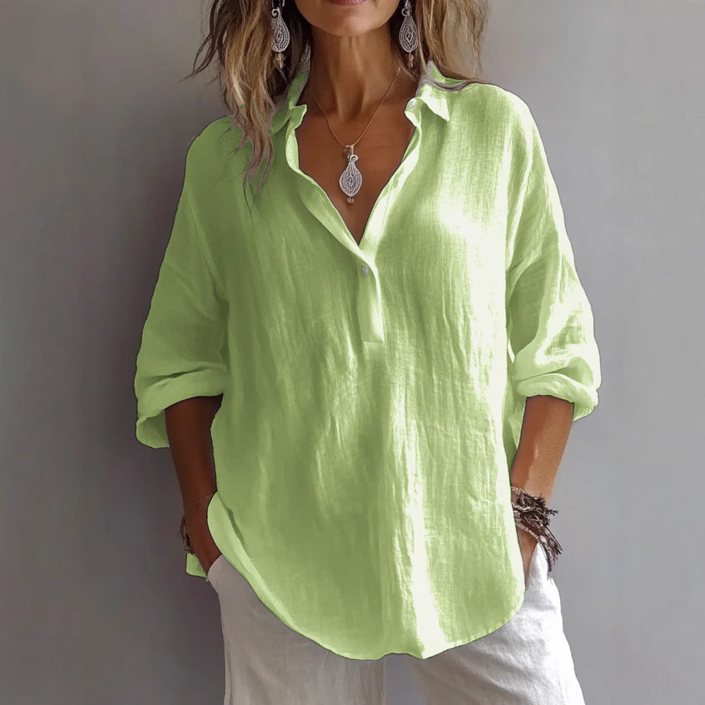Chemise Longue en Lin à Col V et Manches 3/4