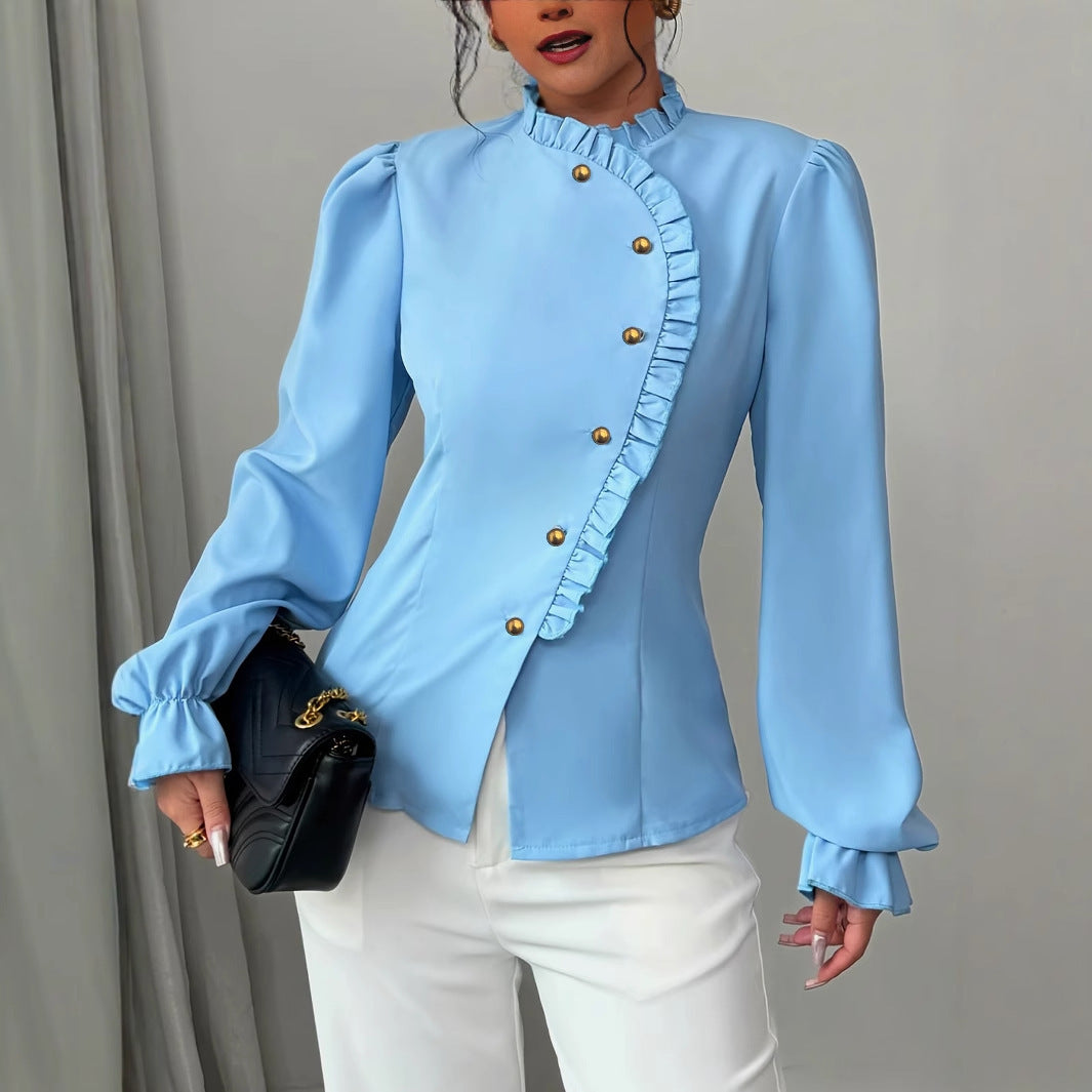 Blouse Élégante à Volants et Col Asymétrique