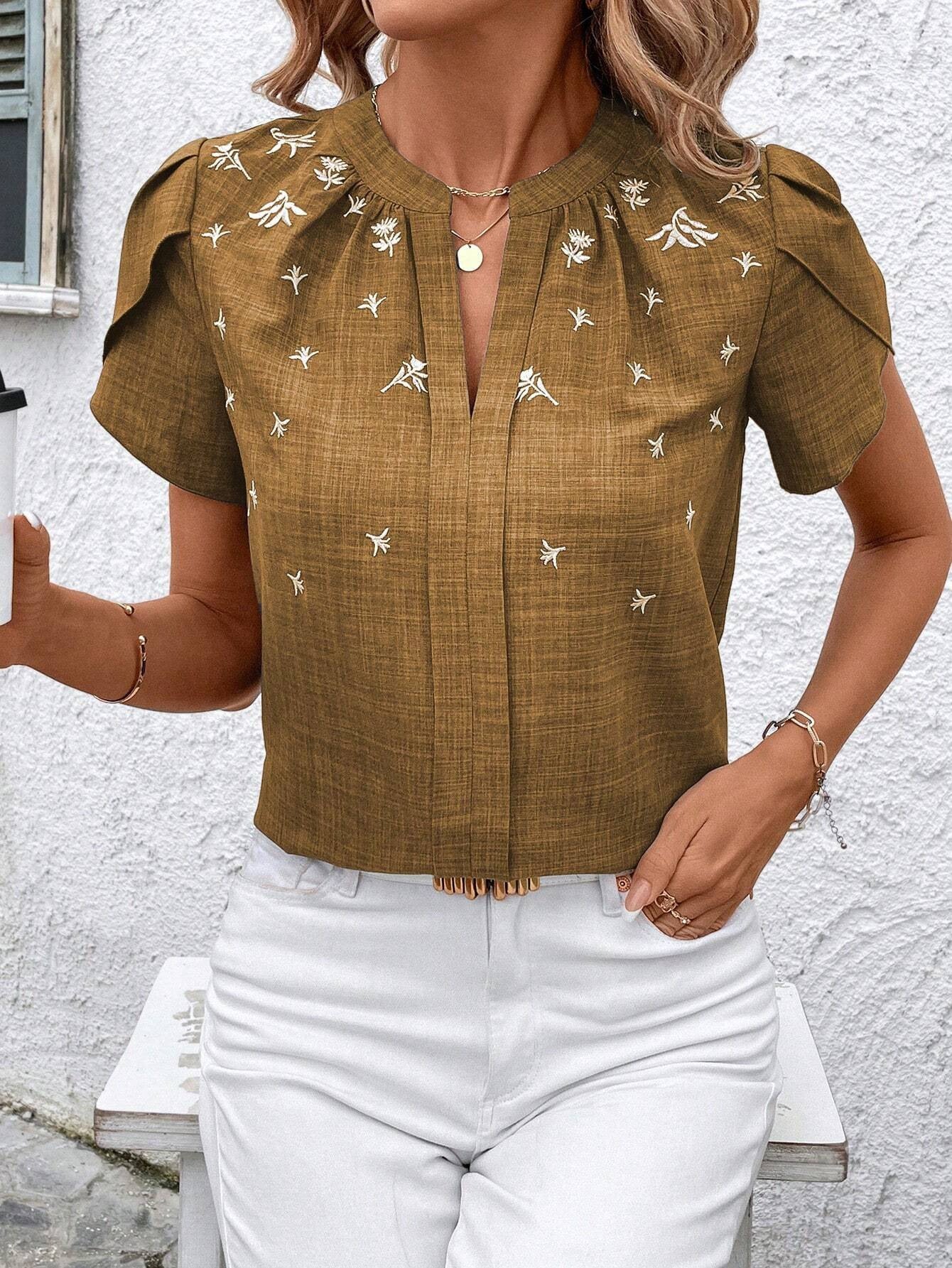 Blouse Imprimée à Manches Courtes et Col Semi-Ouvert