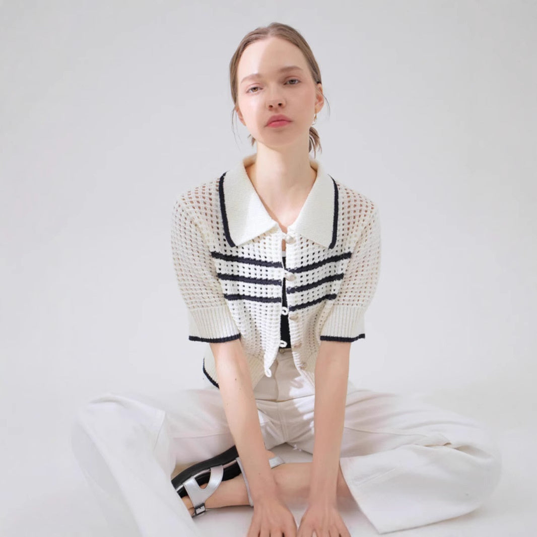 Cardigan Rayé à Manches Courtes et Col Chemise