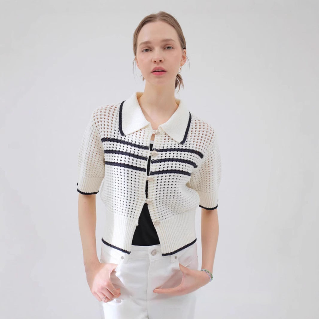 Cardigan Rayé à Manches Courtes et Col Chemise