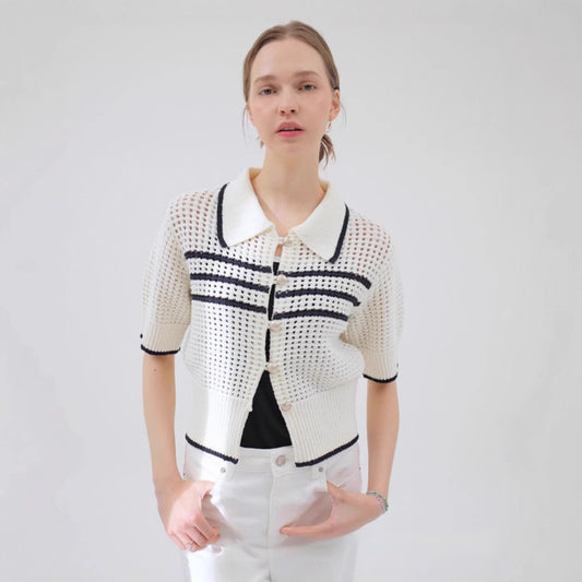 Cardigan Rayé à Manches Courtes et Col Chemise