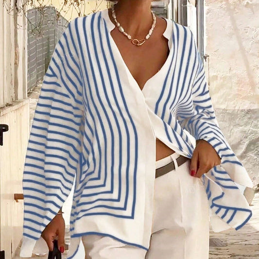 Blouse Rayée Élégante à Manches Longues pour Femme, Style Décontracté
