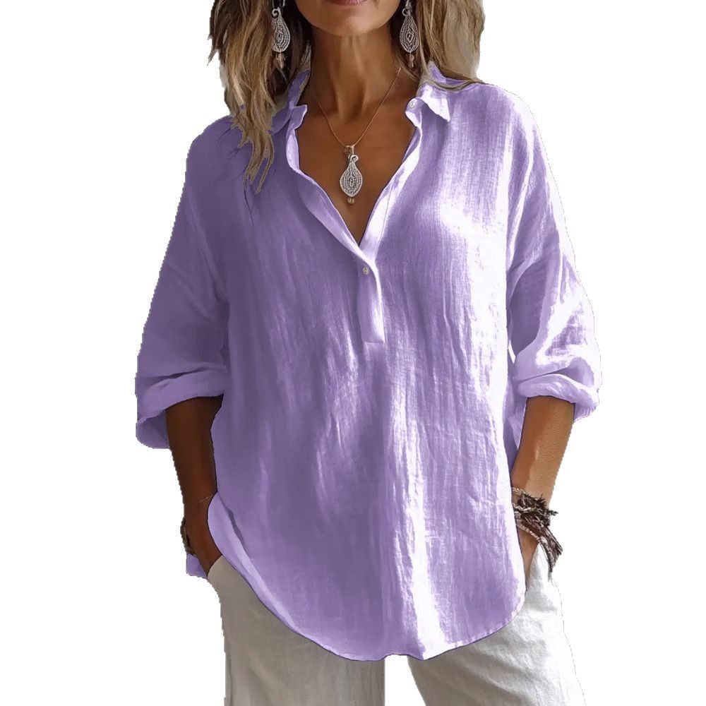 Chemise Longue en Lin à Col V et Manches 3/4
