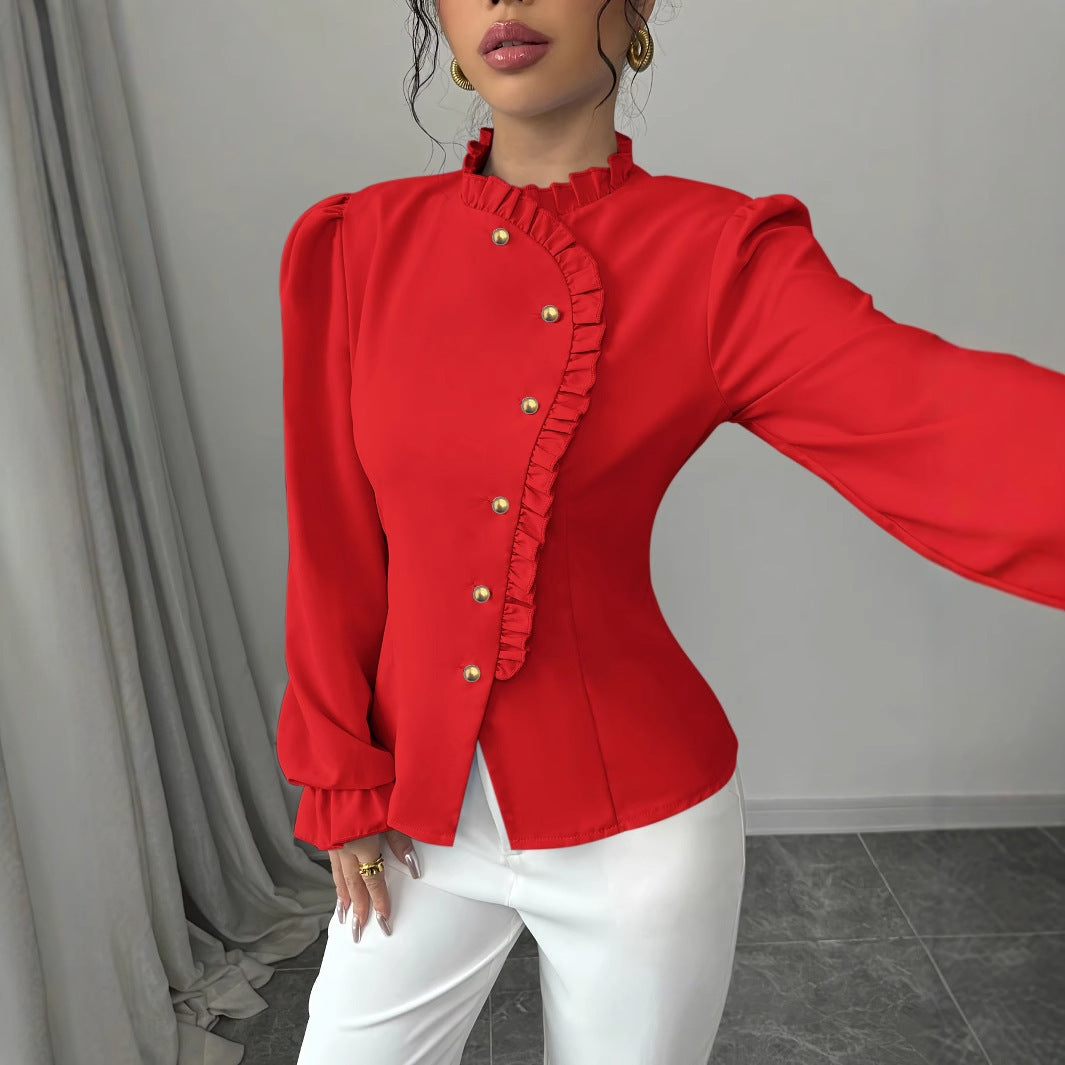 Blouse Élégante à Volants et Col Asymétrique